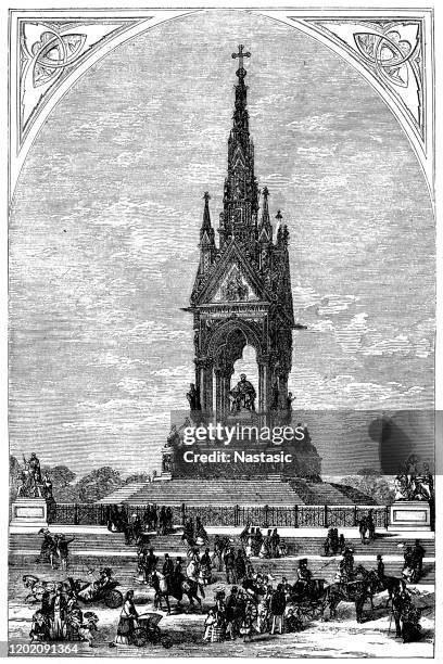 the prince albert memorial in london - the statue of victoria stock illustrations