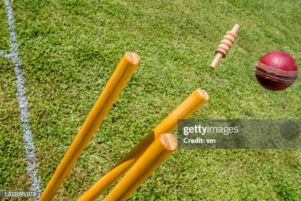 de bal die van de veenmol de wicket raakt - cricket ball close up stockfoto's en -beelden