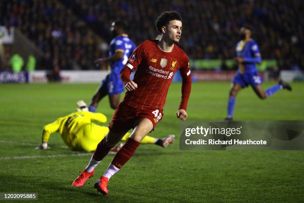 Curtis Jones of Liverpool celebrates after scoring his team's first goal during the FA Cup Fourth Round match between Shrewsbury Town and Liverpool...