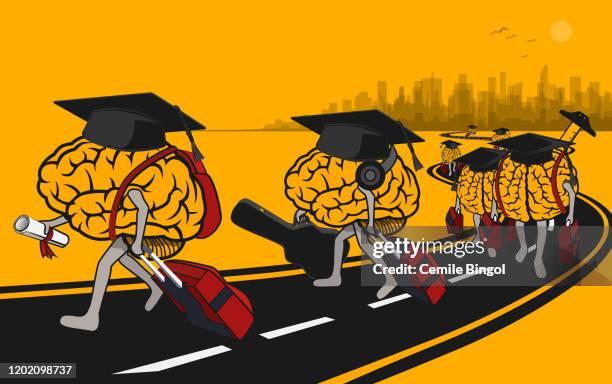 illustrazioni stock, clip art, cartoni animati e icone di tendenza di fuga di cervelli dei laureati - evitare