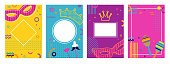 Carnival colorful posters set, flyer or invitation. Funfair funny tickets design with mask and crown on colorful modern geometric background in Memphis 80s style