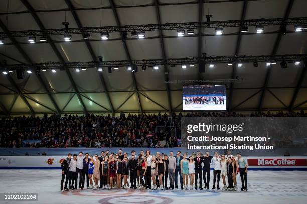 Skaters pose in the Gala Exhibition during day 5 of the ISU European Figure Skating Championships at Steiermarkhalle on January 26, 2020 in Graz,...
