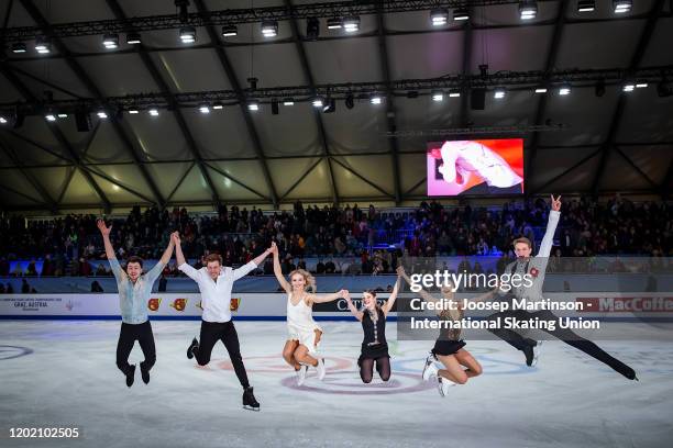 Dmitri Aliev, Victoria Sinitsina, Nikita Katsalapov, Alena Kostornaia, Aleksandra Boikova and Dmitrii Kozlovskii of Russia pose for a photo in the...