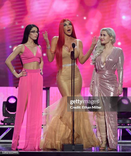 Adult film actresses Alex Coal, Nicolette Shea and Violet Doll present an award during the 2020 Adult Video News Awards at The Joint inside the Hard...