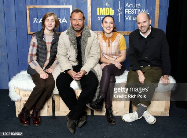 Charlie Shotwell, Jude Law, Oona Roche and Sean Durkin of 'The Nest' attend the IMDb Studio at Acura Festival Village on location at the 2020...