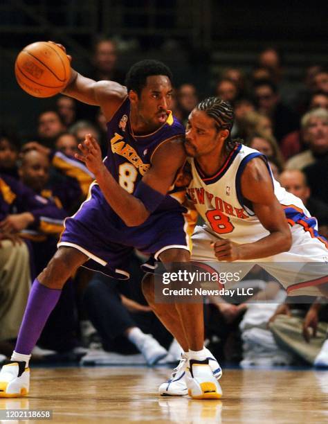 The New York Knicks' Latrell Sprewell putting some pressure on the Los Angeles Lakers’ Kobe Bryant in the second quarter at Madison Square Garden, in...