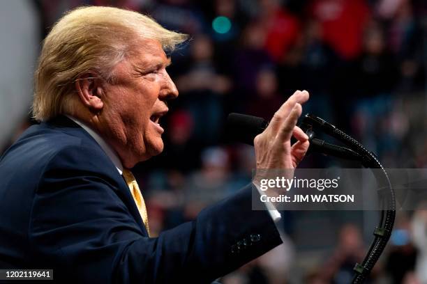 President Donald Trump gestures as he addresses a "Keep America Great" rally in Colorado Springs, Colorado, on February 20, 2020.