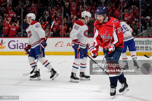 Lars Eller of the Washington Capitals celebrates after scoring a goal against the Montreal Canadiens in the second period at Capital One Arena on...