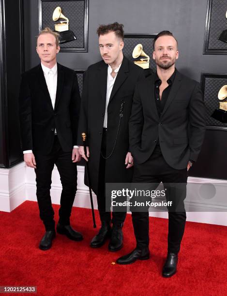 Tyrone Lindqvist, Jon George and James Hunt of Rüfüs Du Sol attend the 62nd Annual GRAMMY Awards at Staples Center on January 26, 2020 in Los...