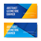 Colorful geometric banner background in blue and yellow. Universal trend of halftone geometric shapes. Modern vector illustration.
