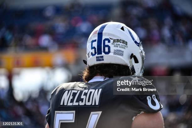 Quenton Nelson of the Indianapolis Colts displays the Red Bank Catholic High School decal on the back of his helmet in the first half of the 2020 NFL...