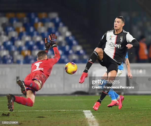Cristiano Ronaldo of Juventus scores the 2-1 goal during the Serie A match between SSC Napoli and Juventus at Stadio San Paolo on January 26, 2020 in...