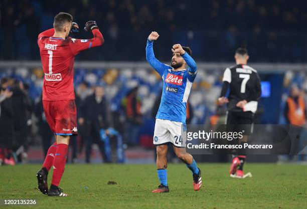Lorenzo Insigne and Alex Meret of SSC Napoli celebrate the victory after the Serie A match between SSC Napoli and Juventus at Stadio San Paolo on...