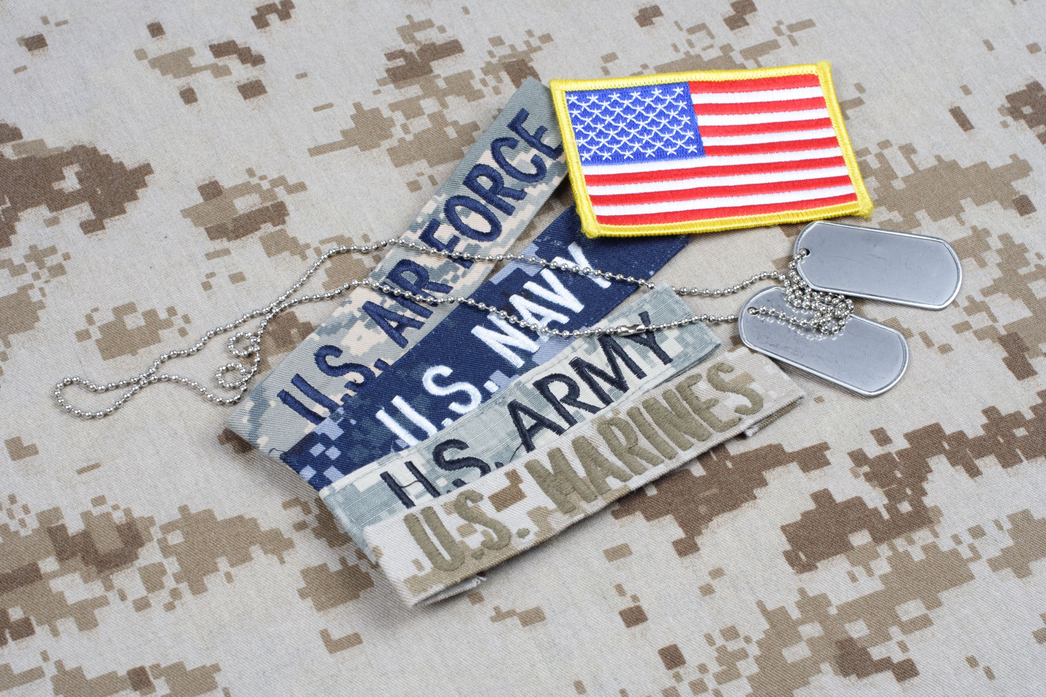 US MILITARY branch tapes and dog tags on camouflage uniform US MILITARY branch tapes and dog tags on camouflage uniform