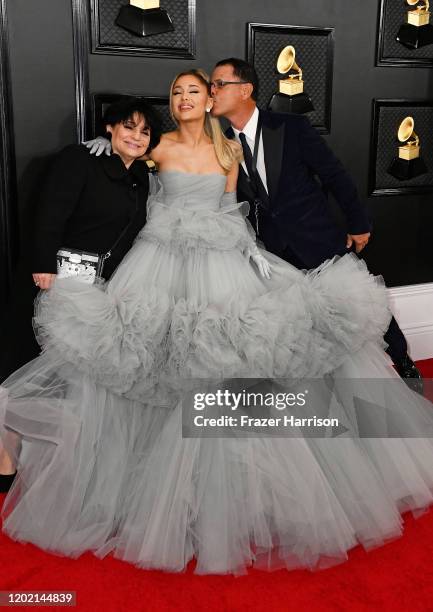 Joan Grande, Ariana Grande, and Edward Butera attend the 62nd Annual GRAMMY Awards at STAPLES Center on January 26, 2020 in Los Angeles, California.