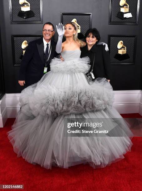 Edward Butera, Ariana Grande and Joan Grande attend the 62nd Annual GRAMMY Awards at Staples Center on January 26, 2020 in Los Angeles, California.