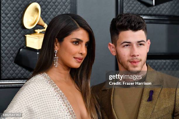 Priyanka Chopra and Nick Jonas of music group Jonas Brothers attend the 62nd Annual GRAMMY Awards at STAPLES Center on January 26, 2020 in Los...