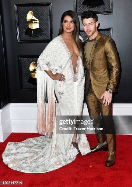 Priyanka Chopra and Nick Jonas of music group Jonas Brothers attend the 62nd Annual GRAMMY Awards at STAPLES Center on January 26, 2020 in Los...