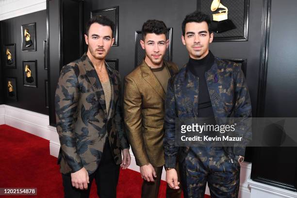 Kevin Jonas, Nick Jonas, and Joe Jonas attend the 62nd Annual GRAMMY Awards at STAPLES Center on January 26, 2020 in Los Angeles, California.