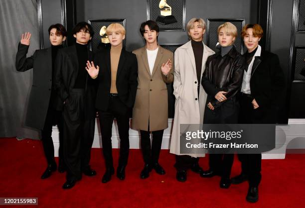 Suga, Jin, Jimin, Jungkook, and J-Hope of music group BTS attend the 62nd Annual GRAMMY Awards at STAPLES Center on January 26, 2020 in Los Angeles,...