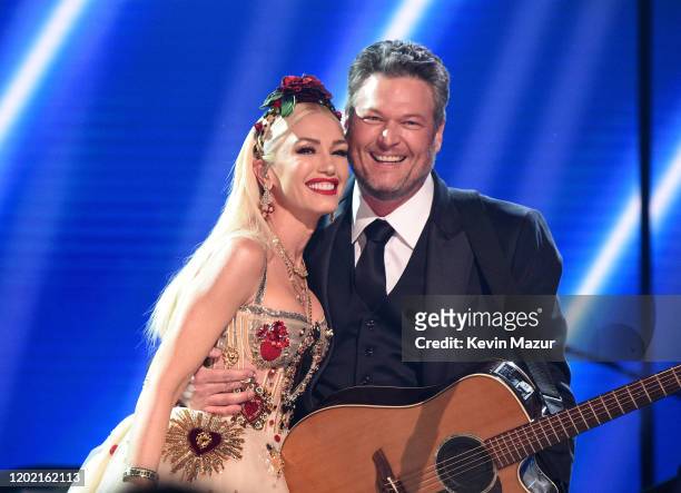 Gwen Stefani and Blake Shelton pose onstage during the 62nd Annual GRAMMY Awards at STAPLES Center on January 26, 2020 in Los Angeles, California.