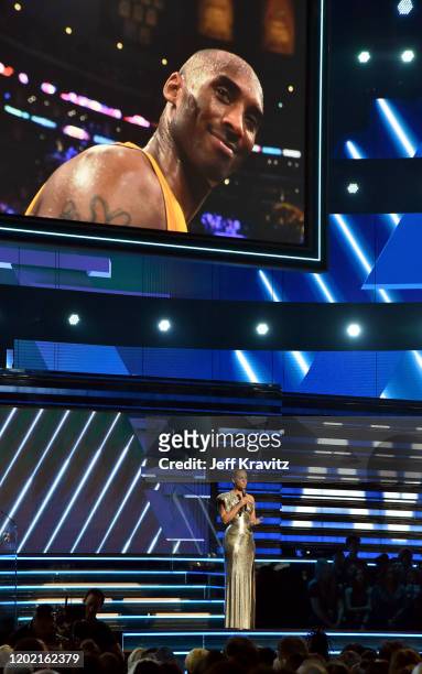 Host Alicia Keys speaks in tribute to the late Lakers player Kobe Bryant onstage during the 62nd Annual GRAMMY Awards at Staples Center on January...
