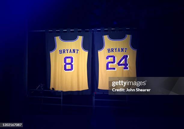 Kobe Bryant's jerseys are seen at the 62nd Annual GRAMMY Awards on January 26, 2020 in Los Angeles, California.