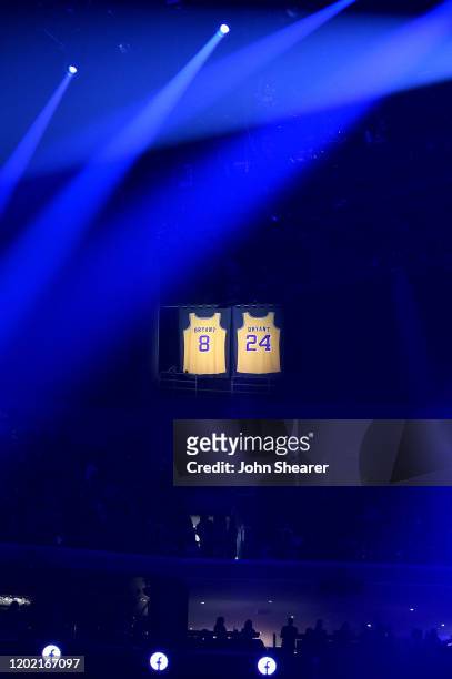 Kobe Bryant's jerseys are seen at the 62nd Annual GRAMMY Awards on January 26, 2020 in Los Angeles, California.