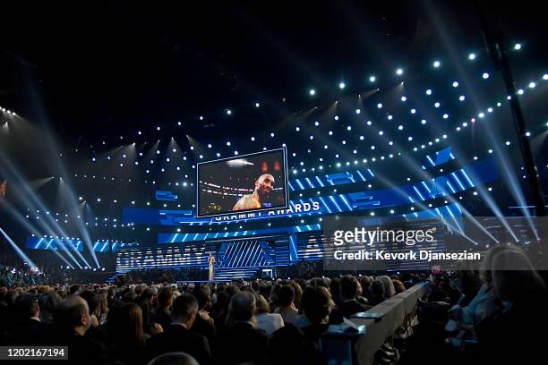 Host Alicia Keys speaks onstage about Kobe Bryant during the 62nd Annual GRAMMY Awards at Staples Center on January 26, 2020 in Los Angeles,...