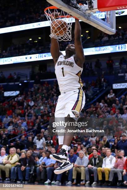 Zion Williamson of the New Orleans Pelicans dunks the ball against the Boston Celtics during the second half at the Smoothie King Center on January...