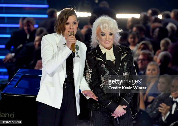 Brandi Carlile and Tanya Tucker speak onstage during the 62nd Annual GRAMMY Awards at STAPLES Center on January 26, 2020 in Los Angeles, California.
