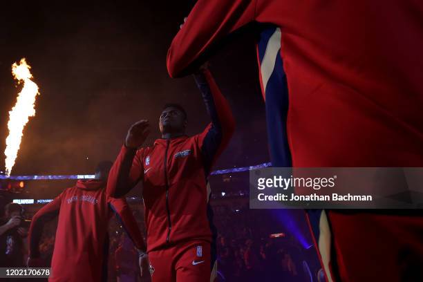 Zion Williamson of the New Orleans Pelicans takes the court before a game against the Boston Celtics at the Smoothie King Center on January 26, 2020...