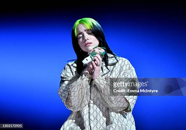 Billie Eilish performs onstage during the 62nd Annual GRAMMY Awards at STAPLES Center on January 26, 2020 in Los Angeles, California.