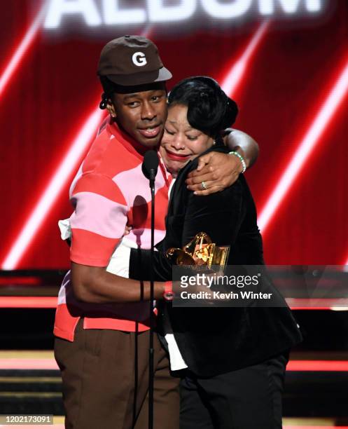 Tyler, the Creator and his mother accept the Best Rap Album award for 'Igor' onstage during the 62nd Annual GRAMMY Awards at STAPLES Center on...