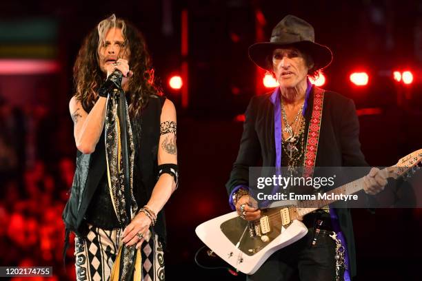 Steven Tyler and Joe Perry of Aerosmith perform onstage during the 62nd Annual GRAMMY Awards at STAPLES Center on January 26, 2020 in Los Angeles,...