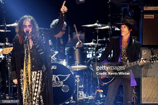 Steven Tyler and Joe Perry of music group Aerosmith perform onstage during the 62nd Annual GRAMMY Awards at STAPLES Center on January 26, 2020 in Los...