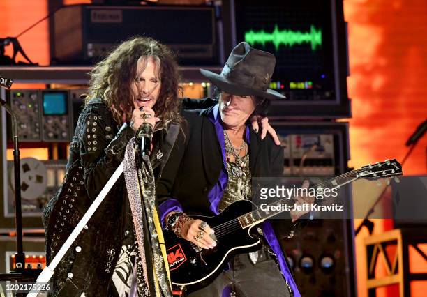 Steven Tyler and Joe Perry of Aerosmith perform onstage during the 62nd Annual GRAMMY Awards at Staples Center on January 26, 2020 in Los Angeles,...