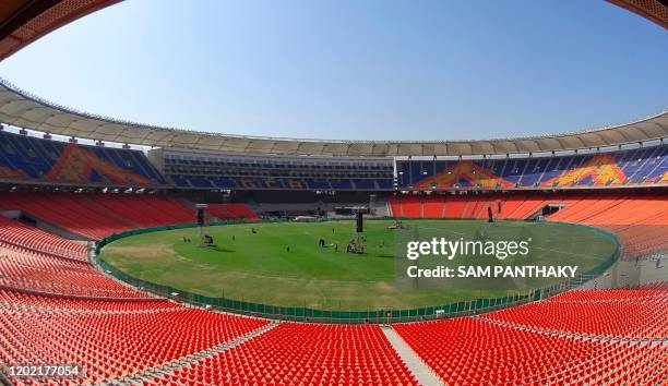 An interior view of the Sardar Patel Stadium is pictured in Motera, on the outskirts of Ahmedabad, on February 21, 2020. - US President Donald Trump...
