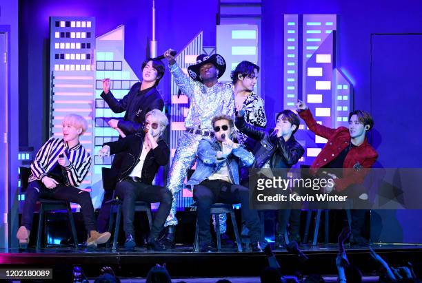 Lil Nas X and BTS perform onstage during the 62nd Annual GRAMMY Awards at STAPLES Center on January 26, 2020 in Los Angeles, California.