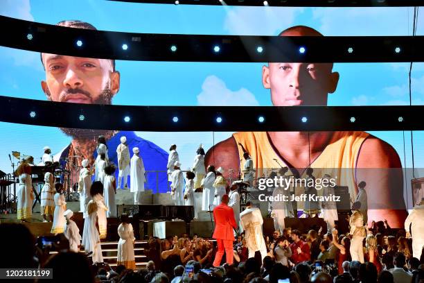 And John Legend perform in tribute to the late Nipsey Hussle and Kobe Bryant onstage during the 62nd Annual GRAMMY Awards at Staples Center on...