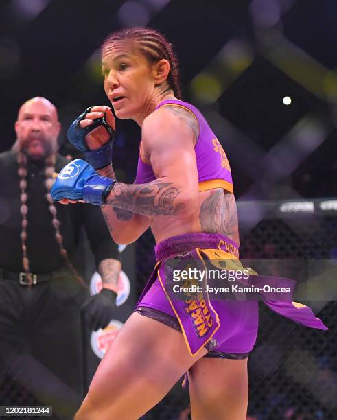 Cris Cyborg in the cage during her featherweight world title fight against Julia Budd at The Forum on January 25, 2020 in Inglewood, California....