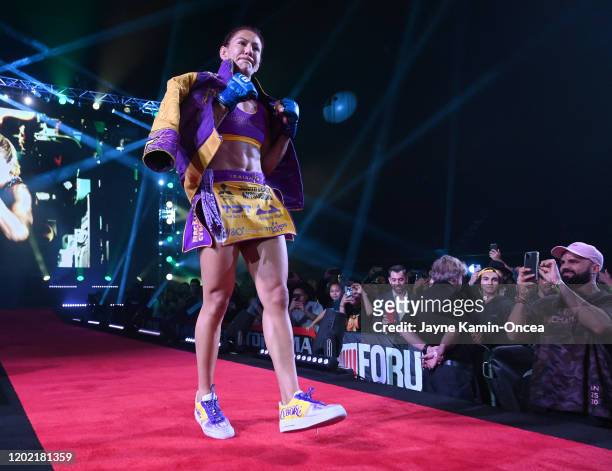 Cris Cyborg enters the arena for her featherweight world title fight against Julia Budd at The Forum on January 25, 2020 in Inglewood, California....