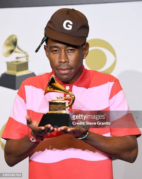 Tyler the Creator poses in the press room with the award for Best Rap Album for "Igor" during the 62nd Annual GRAMMY Awards at Staples Center on...