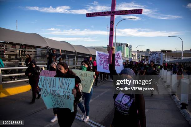 Hundreds of protesters participate in a protest to demand justice for the murder of Isabel Cabanillas in Ciudad Juarez, a women's rights activist...