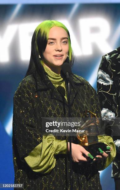 Billie Eilish accepts award for Best Pop Vocal Album for "WHEN WE ALL FALL ASLEEP, WHERE DO WE GO?" during the 62nd Annual GRAMMY Awards at STAPLES...