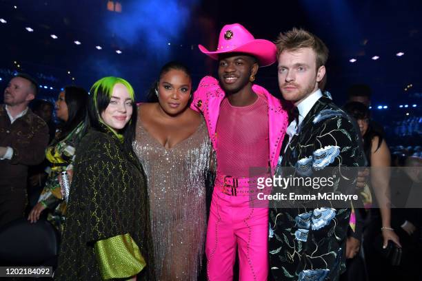 Billie Eilish, Lizzo Lil Nas X, and Finneas O'Connell attend the 62nd Annual GRAMMY Awards at STAPLES Center on January 26, 2020 in Los Angeles,...