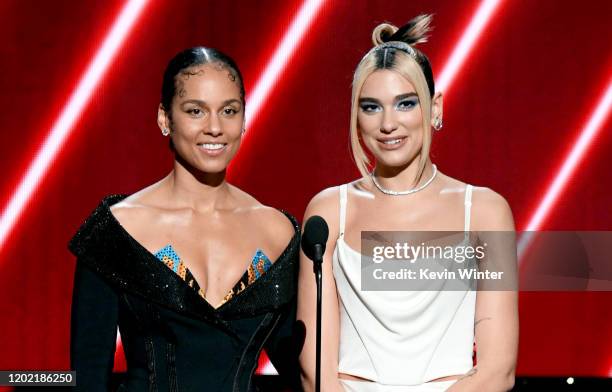 Host Alicia Keys and Dua Lipa speak onstage during the 62nd Annual GRAMMY Awards at STAPLES Center on January 26, 2020 in Los Angeles, California.