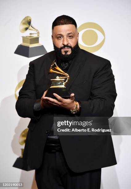 Khaled winner of Best Rap/Sung Performance for "Higher" poses in the press room during the 62nd Annual GRAMMY Awards at STAPLES Center on January 26,...