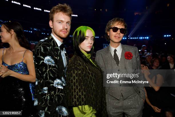 Finneas O'Connell, Billie Eilish, and Beck attend the 62nd Annual GRAMMY Awards at STAPLES Center on January 26, 2020 in Los Angeles, California.