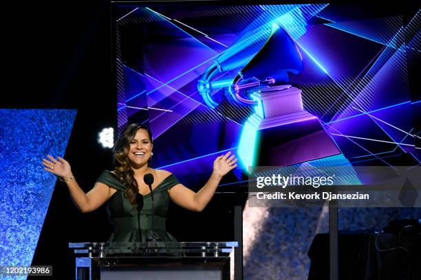 Kimie Miner speaks onstage during the 62nd Annual GRAMMY Awards Premiere Ceremony at Microsoft Theater on January 26, 2020 in Los Angeles, California.